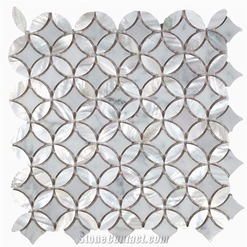 Oyster Shell with Carrara White Football Design Mosaic Pattern