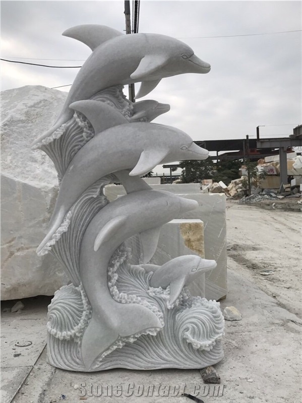 5 Hand Carved Marble Dolphins, Carvings, Natural Stone Sculpture