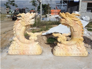 Carved Dragon Fish Couple, Marble Carvings, Natural Stone Sculpture