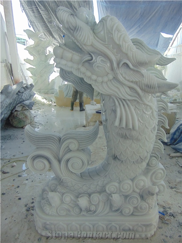 Hand Carved Dragon Fish,Marble Carving, Natural Stone Sculpture