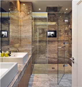 Brown Travertine Polished Bathroom Flooring Wall Cladding