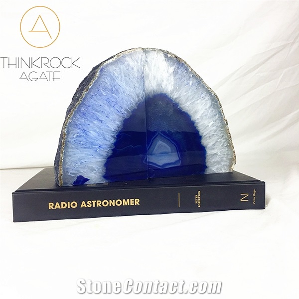 China Luxury Teal Enhanced Highly Polished White Agate Geode Bookends