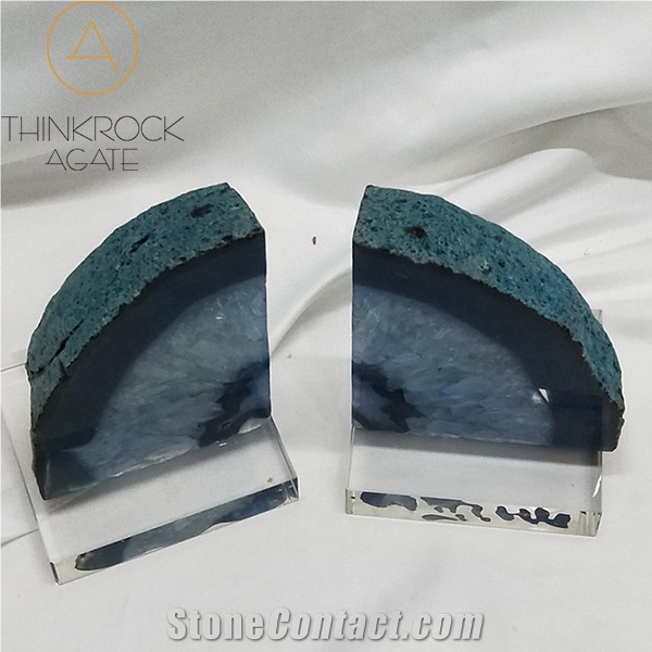 High-End Look Surrounding Blue Enhanced Polished Agate Rock Bookends