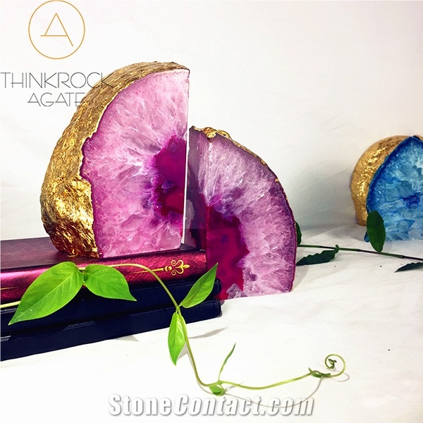 High Hardness Nice Pink Enhanced Rainbows White Agate Geode Bookends