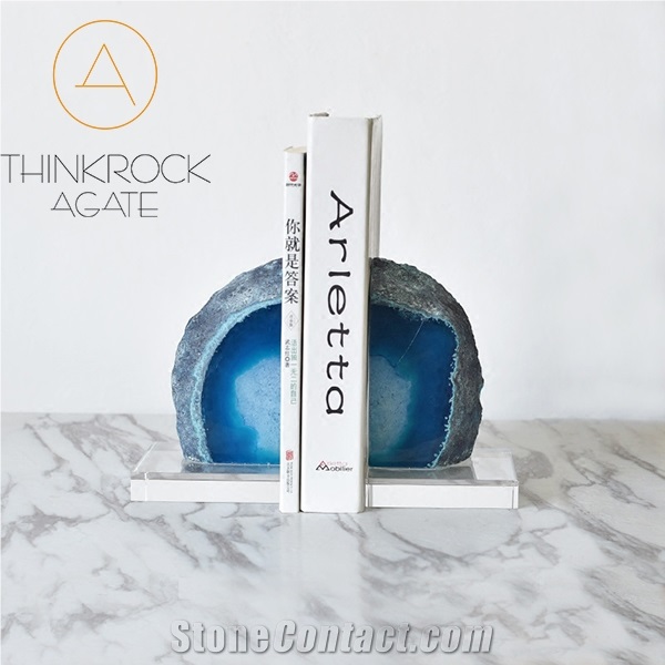 Stylish Appeal Natural Polished Blue Agate Geode Bookends