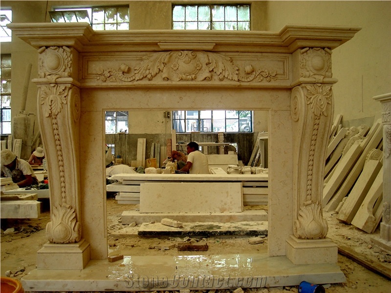 Beige Hand Carved Fireplace Marble