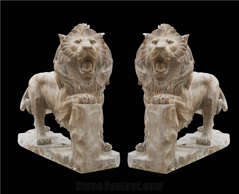 Beige Marble Handcarved Animal Sculptures, Sculptured Lion Statues