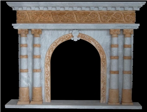 Beige Sandstone Fireplace Railing Column Capital Carving