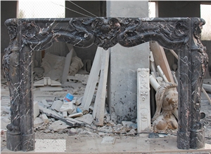 Black Marble Handcarved Sculpture Stone Fireplace Mantels