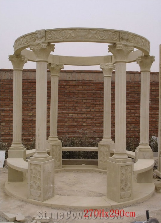 Western Style Stone Gazebo,Handcaeved,Pavilions,Beige Travertine