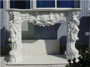 White Marble Handcarved Fireplaces Mantel, Western Style Fireplace