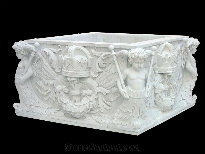 White Marble Handcarved Outdoor Flower Pot, Western Style Planters