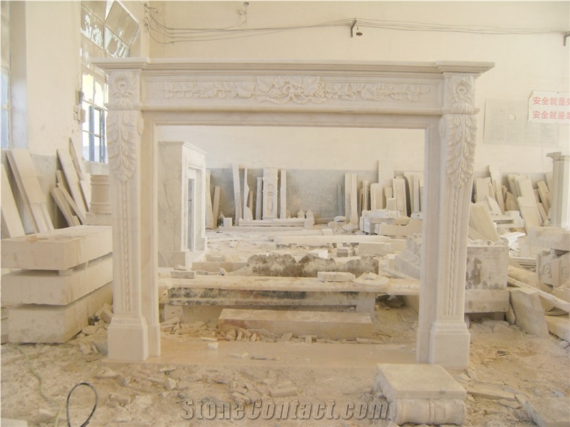 White Marble Handcarved Sculpture Stone Fireplace Mantel