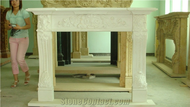 White Marble Handcarved Sculpture Stone Fireplace Mantel