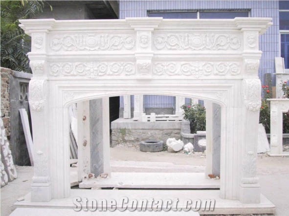 Yellow Marble Handcarved Fireplace Mantel,Western Sculptured Fireplace