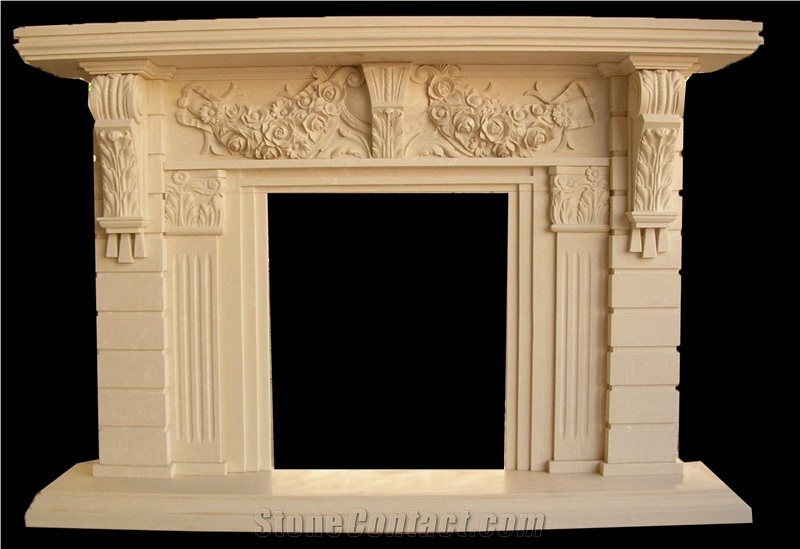 Beige Marble Fireplace Railing Column Capital Carving Customized Stone