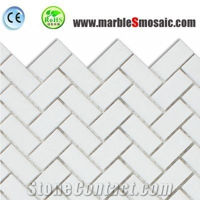 Pure White Herringbone Marble Mosaic