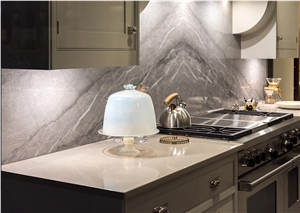 Solid Surface Stone Kitchen Countertop, Thomas Grey Marble Backsplash