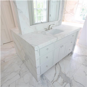 Calacatta Marina Double Sided Vanity with Waterfall Sides