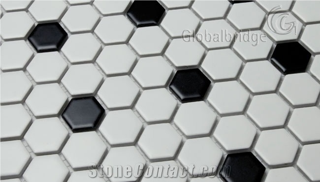 Hexagon Black and White Ceramic Mosaic Bathroom Floor Tile