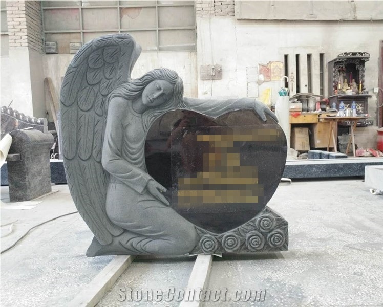 Angel with Heart Absolute Black Granite Tombstone