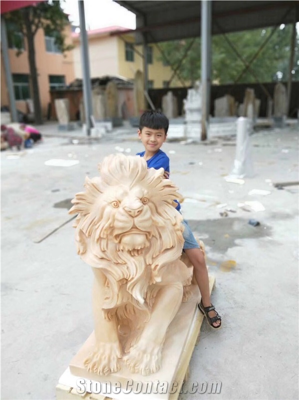 Beige Marble Garden Animal Sculptures Lion Guardian Statue Shishi
