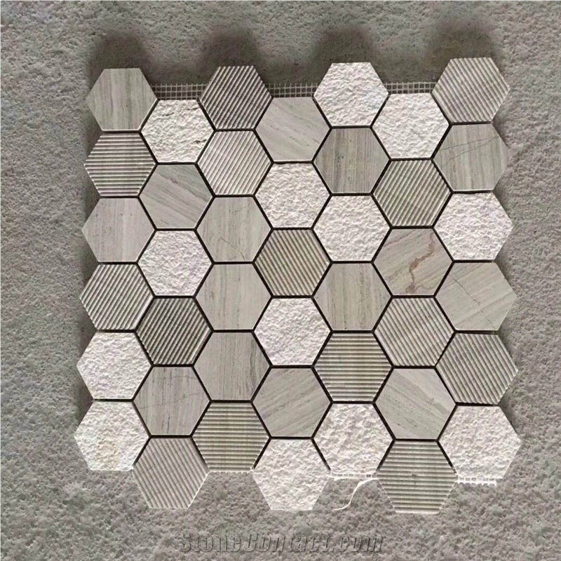 Marble Mosaic Design White Grey Wood Sandblasted Hexagon Mosaic Design