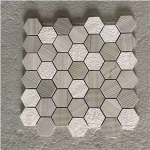 Marble Mosaic Design White Grey Wood Sandblasted Hexagon Mosaic Design