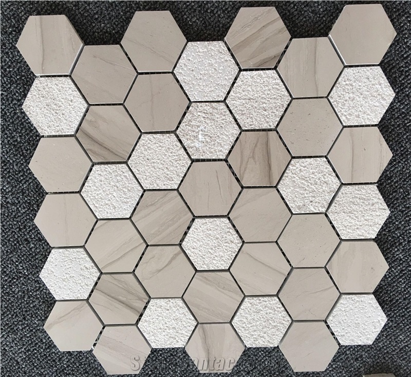 Wooden Vein Marble Hexagon Mosaic Pattern Tiles for Floor, Wall