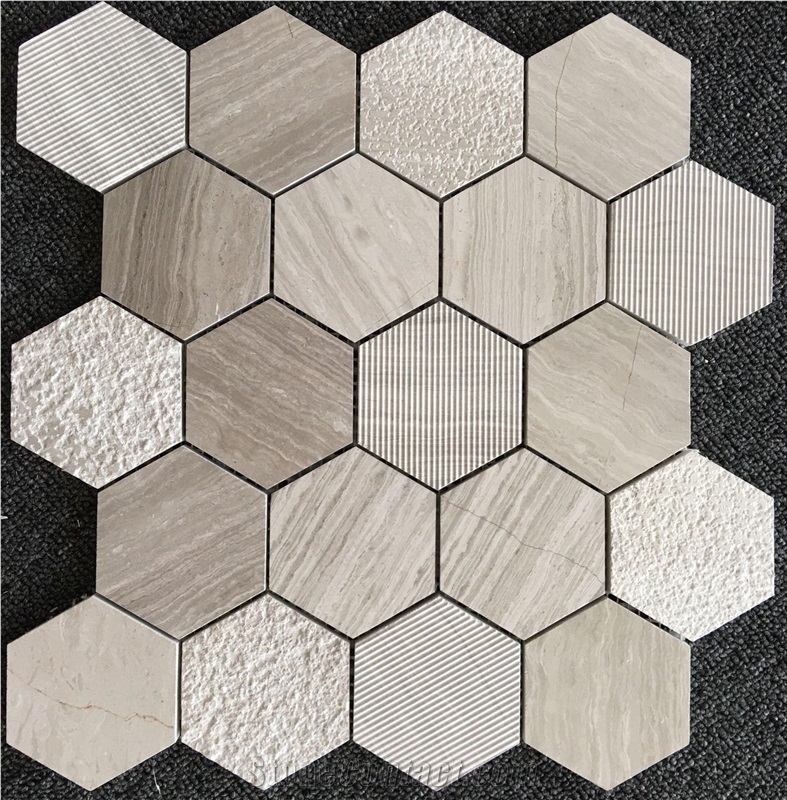 Wooden Vein Marble Hexagon Mosaic Pattern Tiles for Floor, Wall