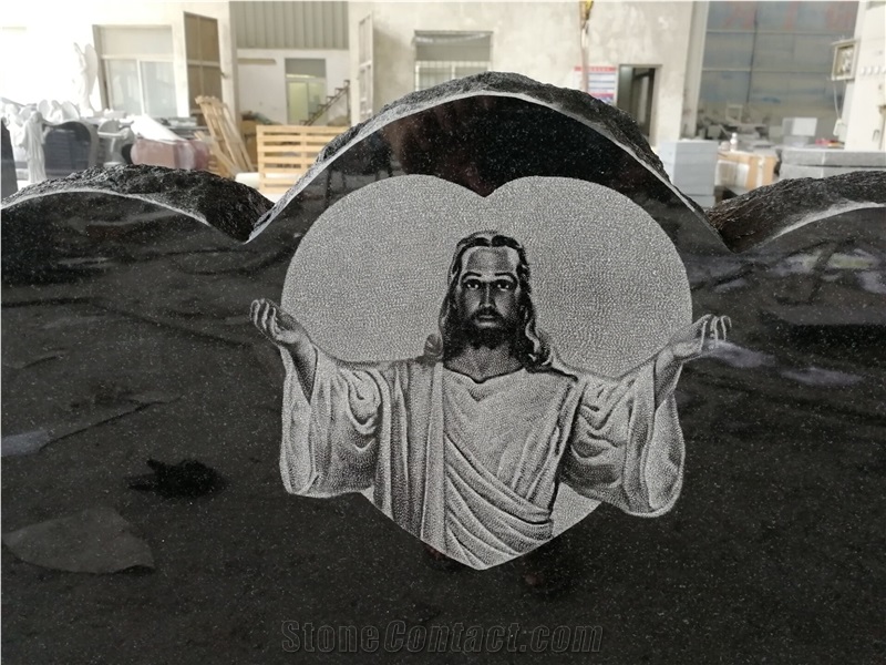 Black Granite Monument Shadow Engraved Jesus Headstone Western Style