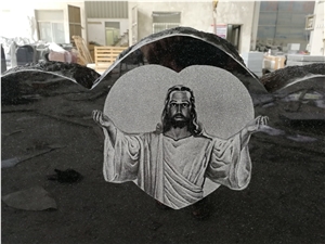 Black Granite Monument Shadow Engraved Jesus Headstone Western Style