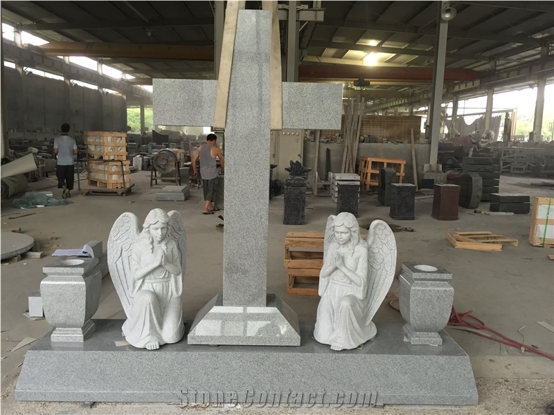 G633 Light Gray Cross Monument with Kneeling Angel Fully Carved
