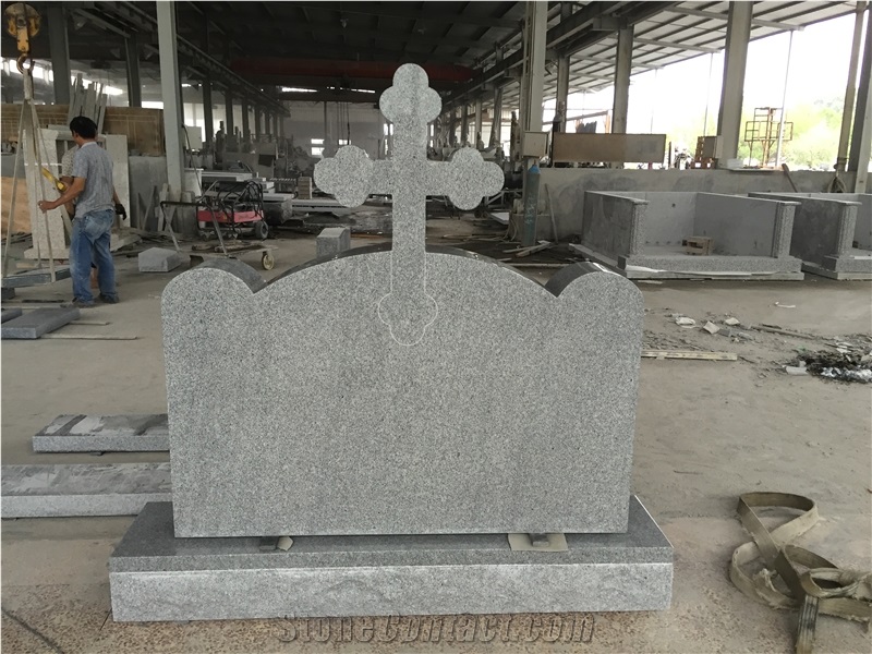 G633 Light Gray Granite Monument with Cross on Top