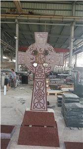India Red Granite Celtic Cross Monument with Sambol Sambol Sandblasted