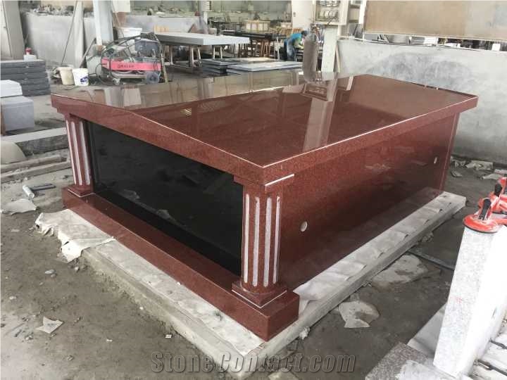 India Red Granite Double Crypts Mausoleum With Round Column