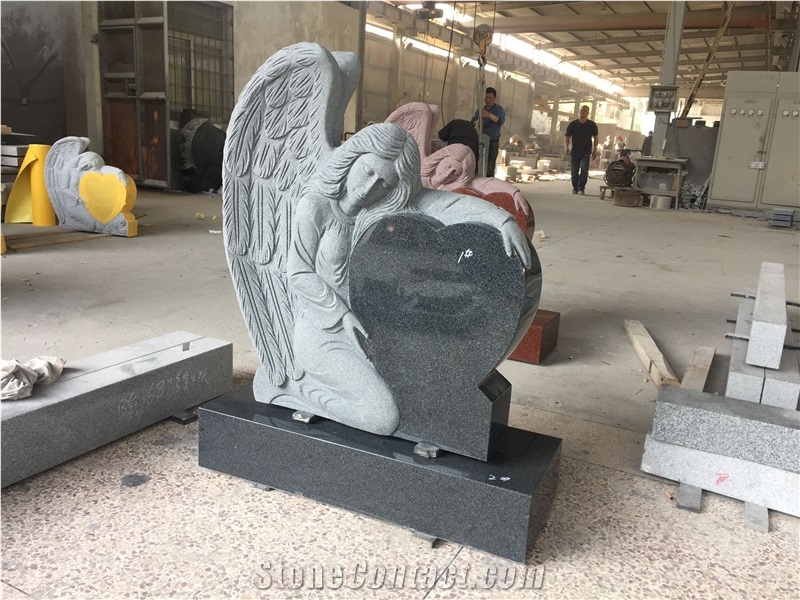 Regal Slate Dark China Gray Heart Monument with Angel Carved Fully