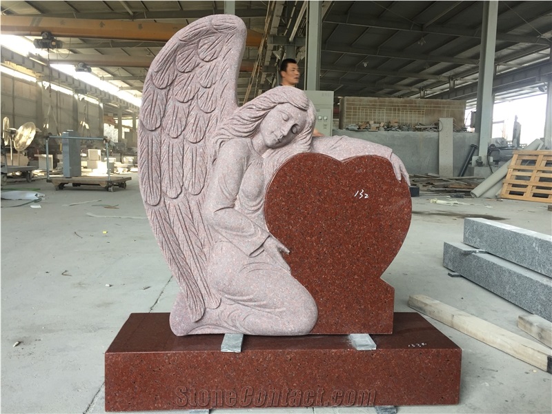 Ruby India Red Granite Heart Monument with Angel Fully Carved
