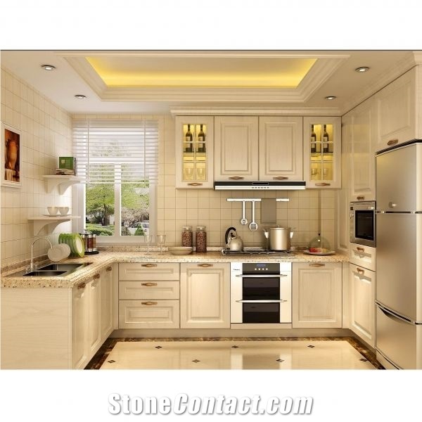 American Style Solid Wood Kitchen Cabinet, Quartz Countertop