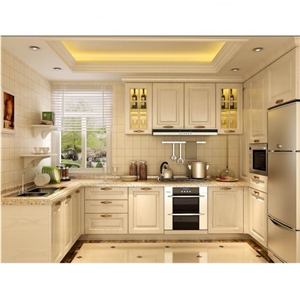 American Style Solid Wood Kitchen Cabinet, Quartz Countertop
