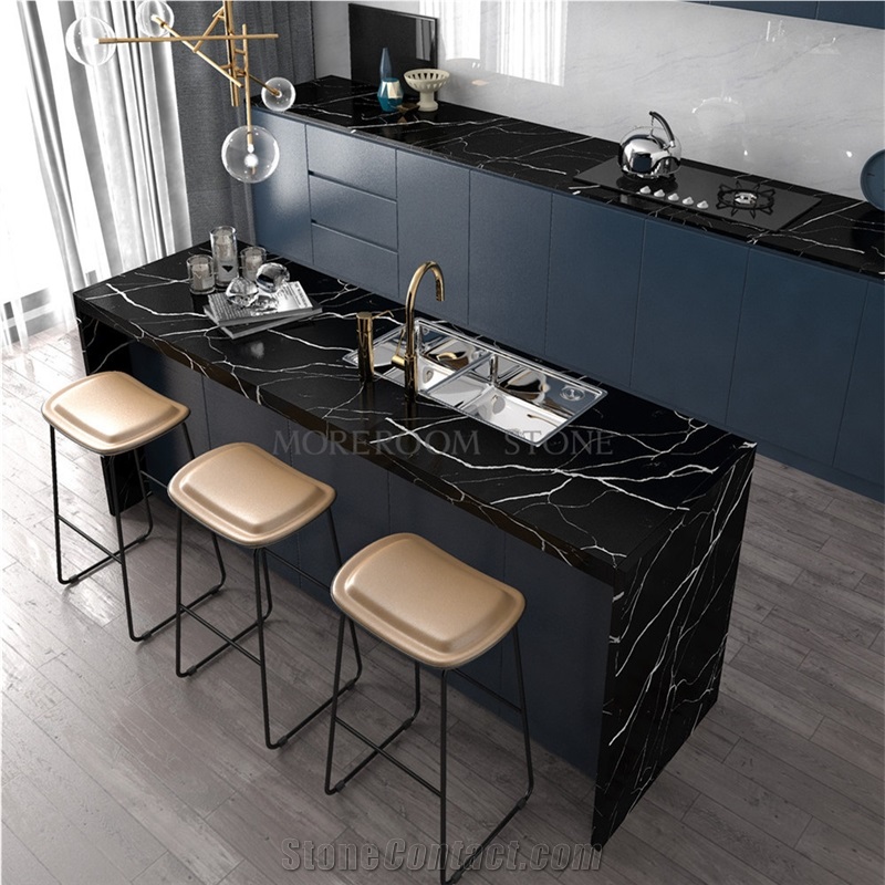 China Black Color Engineered Stone Quartz Stone Kitchen Countertops