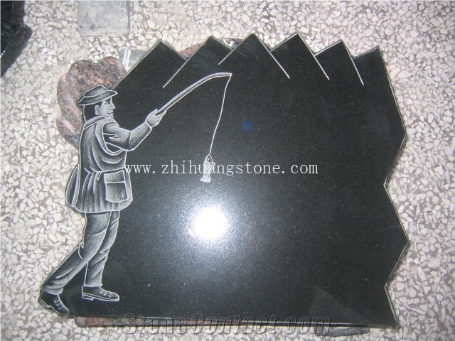 Go Fishing Etching Shanxi Black Granite Headstone