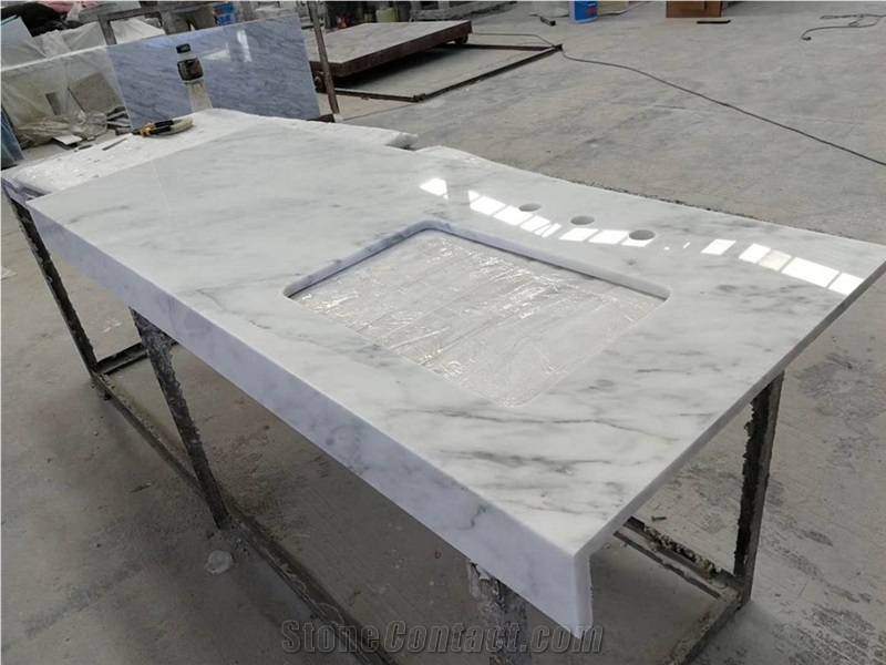 Bianco Bruille Marble Dining Table Top in Kitchen