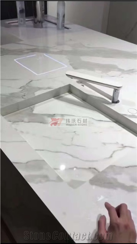 White Marble Engineered Stone Kitchen Countertops