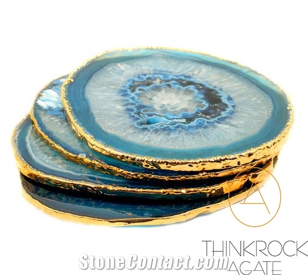Blue Agate Gold Edge Plated Drink Coasters Cup Mat