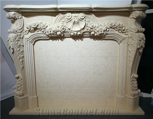 Sunny Beige Marble Fireplace,Handcarved Mantel