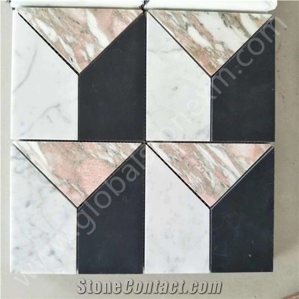 Volakas White Marble,Black Marquina,Rosa Norwegia Marble Floor Pattern Mosaic