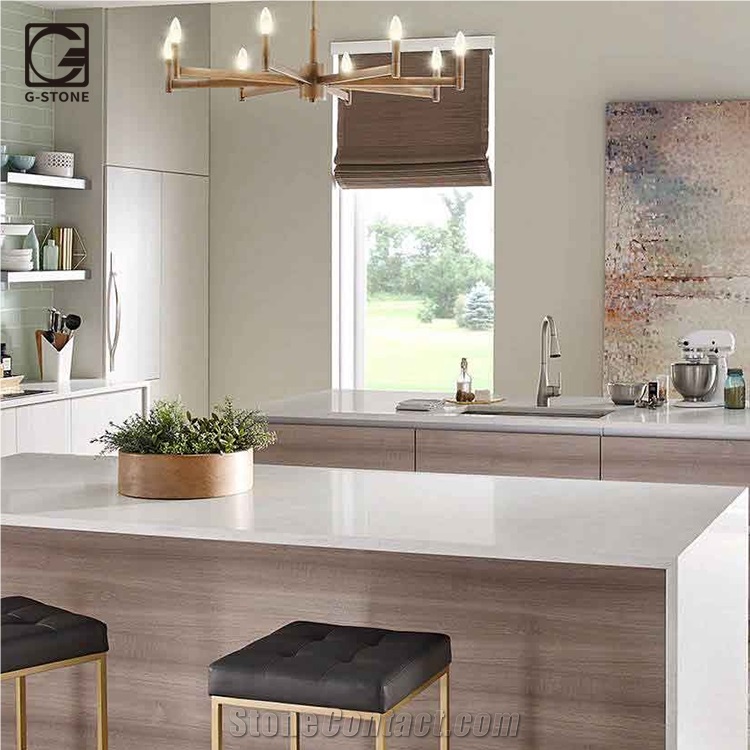 White Quartz Marble Looks Stone Perimeter Countertop, Island Top from