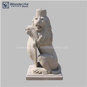 Gate Lion Statues Beige Marble Animal Sculpture