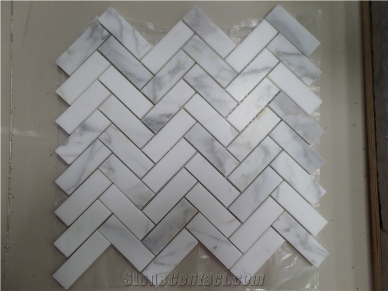 Carrara C White Herringbone Mosaic Tiles